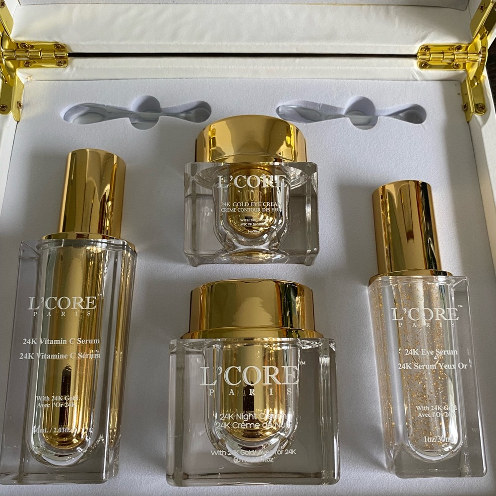 Lcore 24k Gold Skincare Gift Set in White Travel Suitcase.